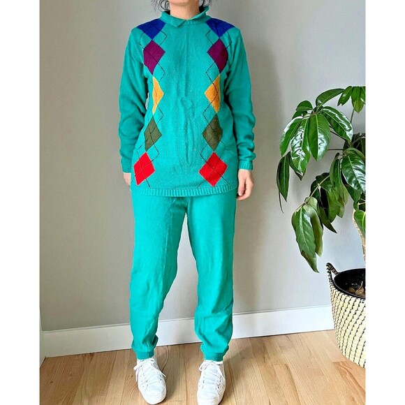 vtg 90s silk wool green knit sweater set‎ argyle print retro loungewear small - Picture 4 of 9